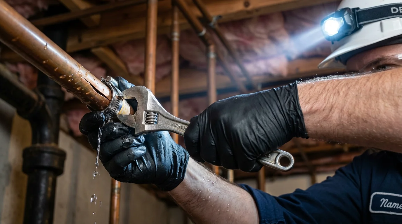 Emergency pipe clamp repair being performed by a Johns Plumbing LLC plumber in Aibonito