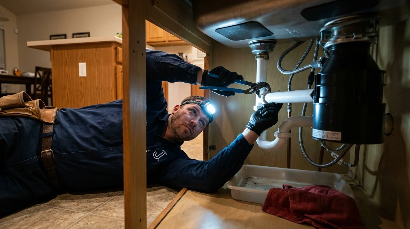 P-trap and supply line connections under a kitchen sink showing a common leak point in Aibonito, PR